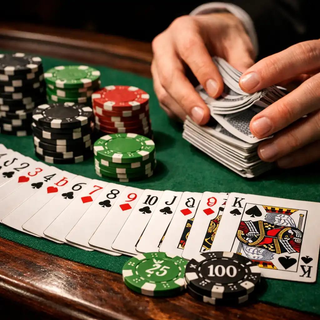 Table de blackjack physique avec cartes, jetons et sabot
