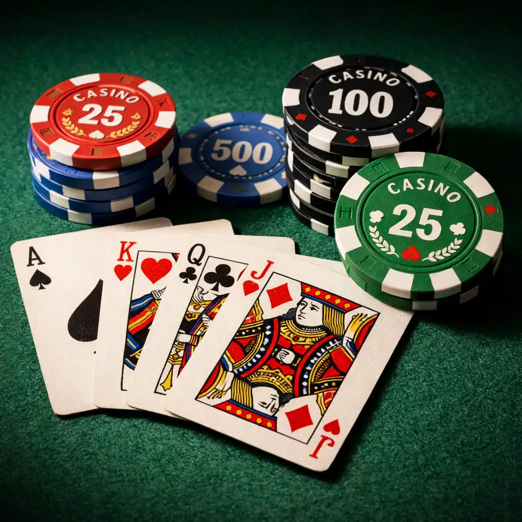 Gros plan sur un assortiment de cartes à jouer et de jetons de casino en céramique disposés artistiquement