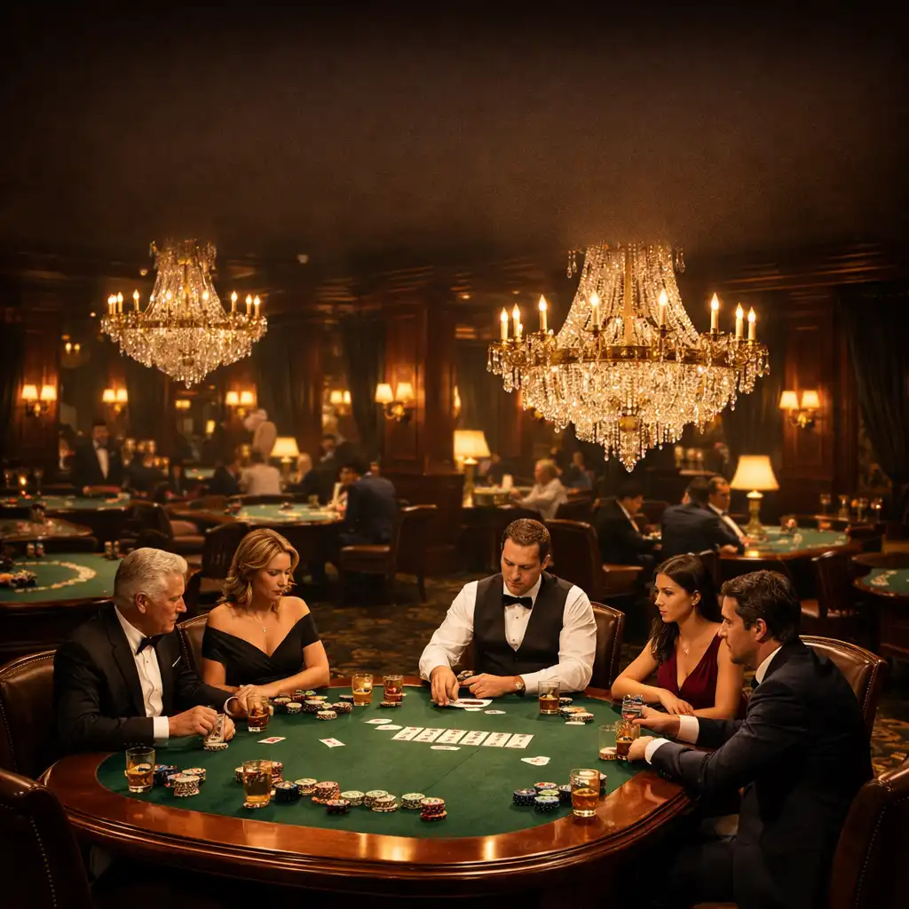 Vue d'ensemble d'une salle de casino élégante avec des tables de jeu en bois sombre, tapis verts et éclairage tamisé