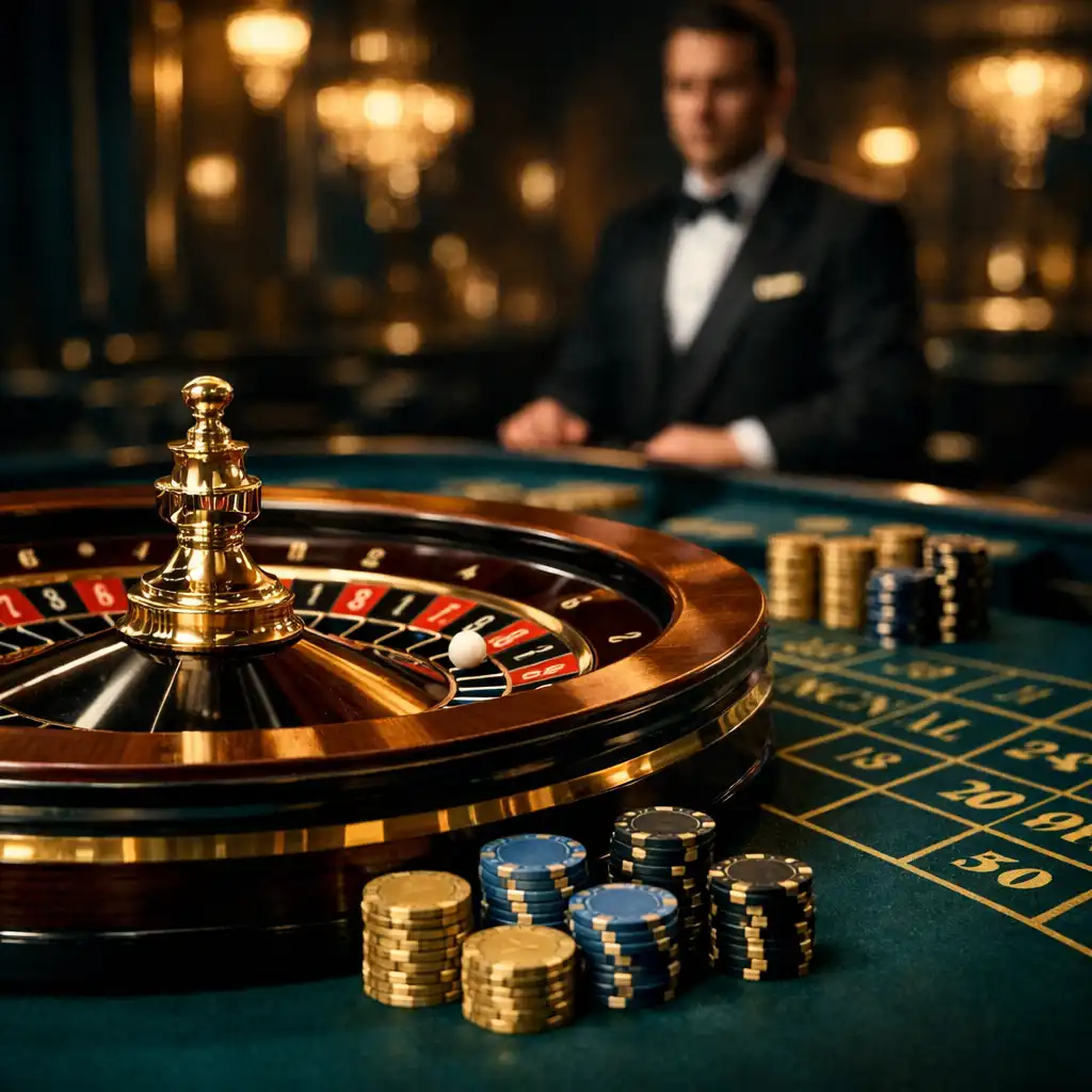 Table de casino physique avec jetons colorés, cartes et tapis vert