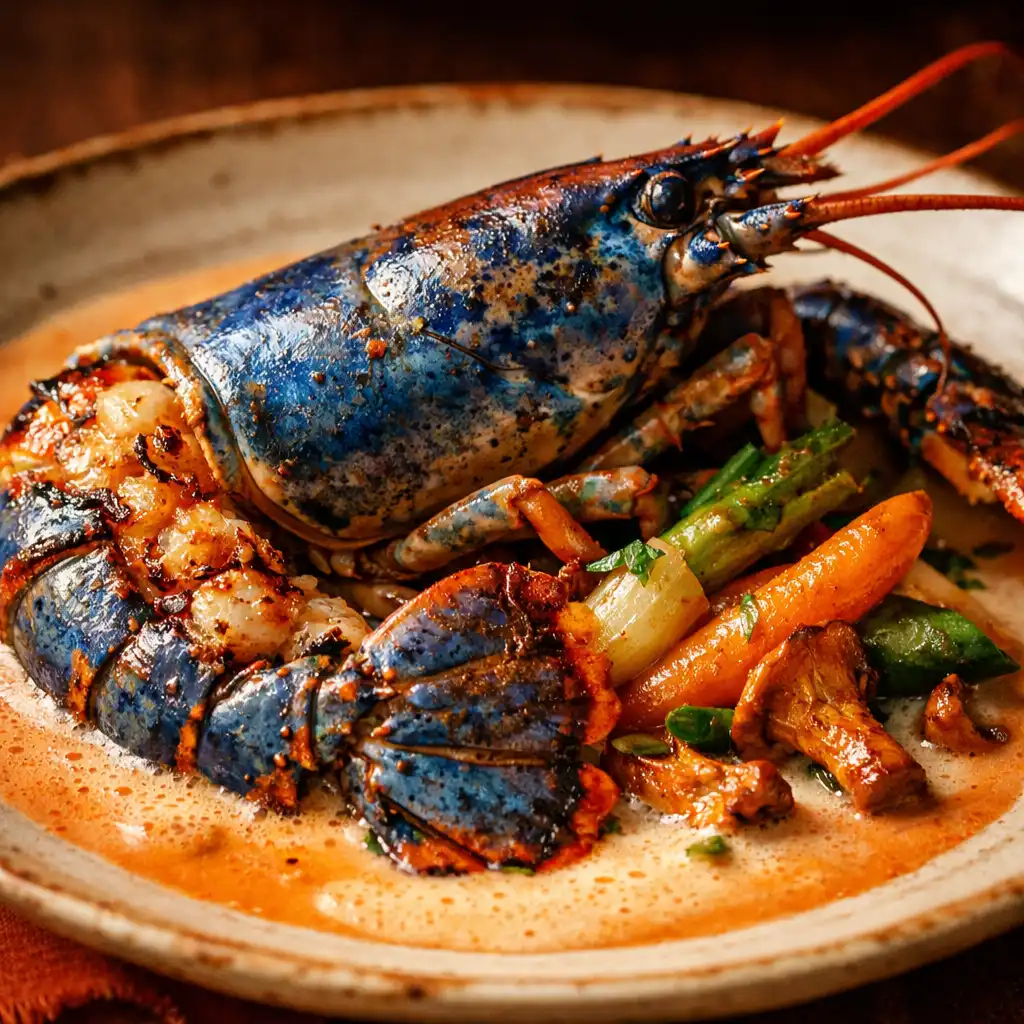Homard bleu rôti avec bisque onctueuse et légumes de saison