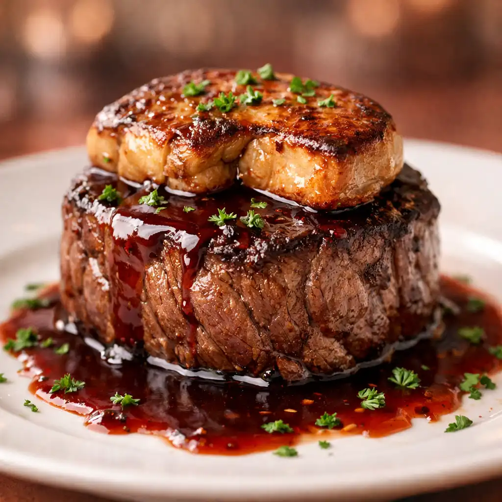 Filet de bœuf Rossini avec foie gras poêlé et sauce au vin rouge