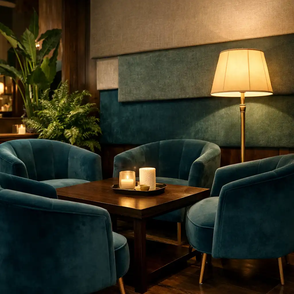 Coin salon avec fauteuils en velours pétrole, table basse en bois sombre et lampadaire en laiton.