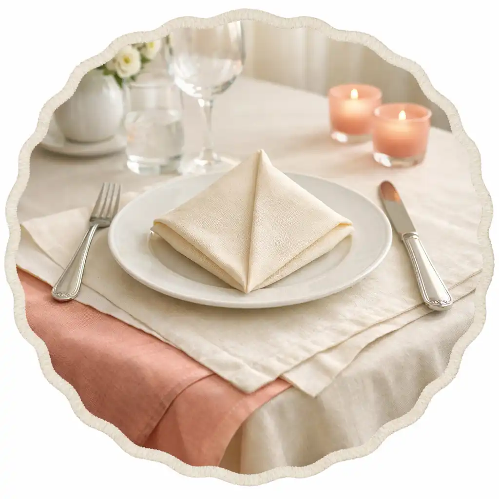 Détail d'une table dressée avec nappes superposées et serviette pliée