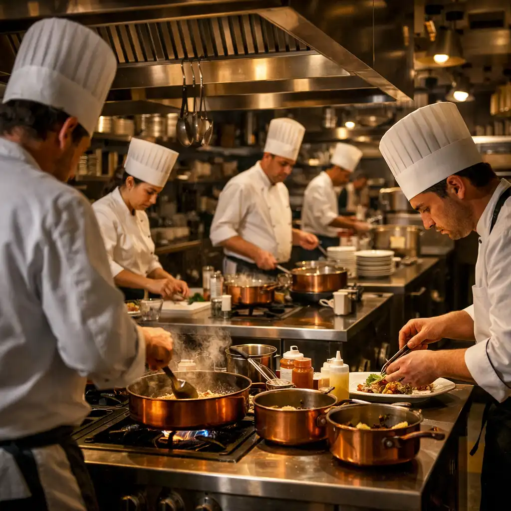 Intérieur d'une cuisine professionnelle avec des chefs en toque blanche et des casseroles en cuivre