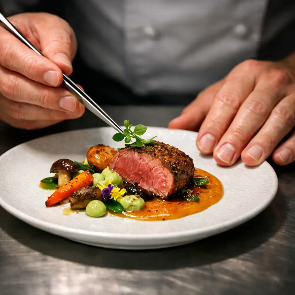 Gros plan sur les mains d'un chef dressant une assiette avec précision