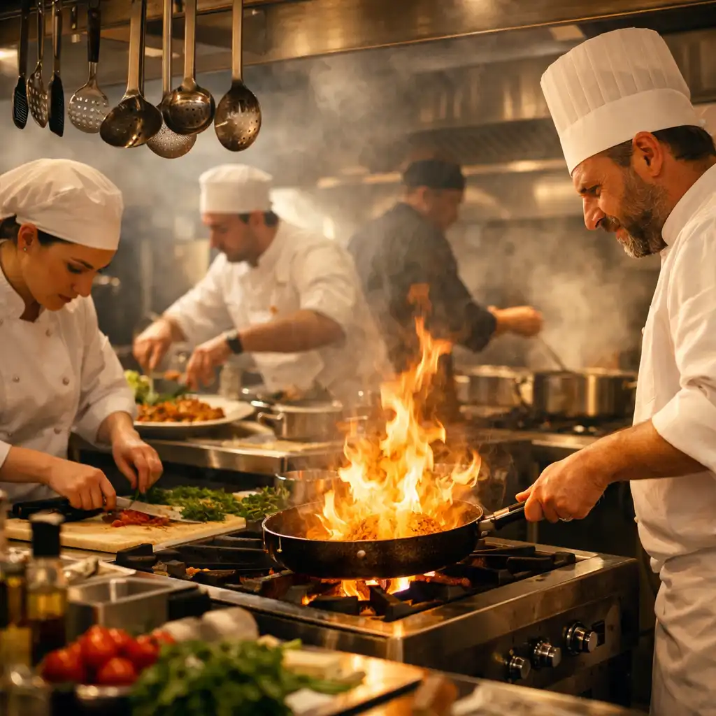 Plan large d'une brigade de cuisine en action avec des flammes sur une poêle