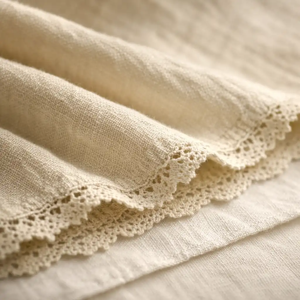 Macro photographie d'une superposition de nappes en tissu avec plis marqués et bordure en dentelle.