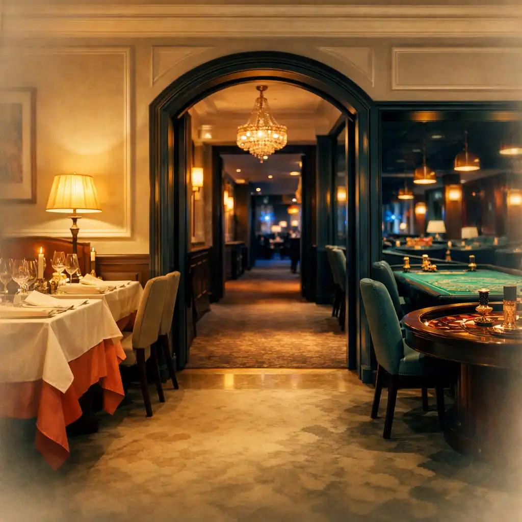 Passage élégant entre le restaurant et l'espace casino