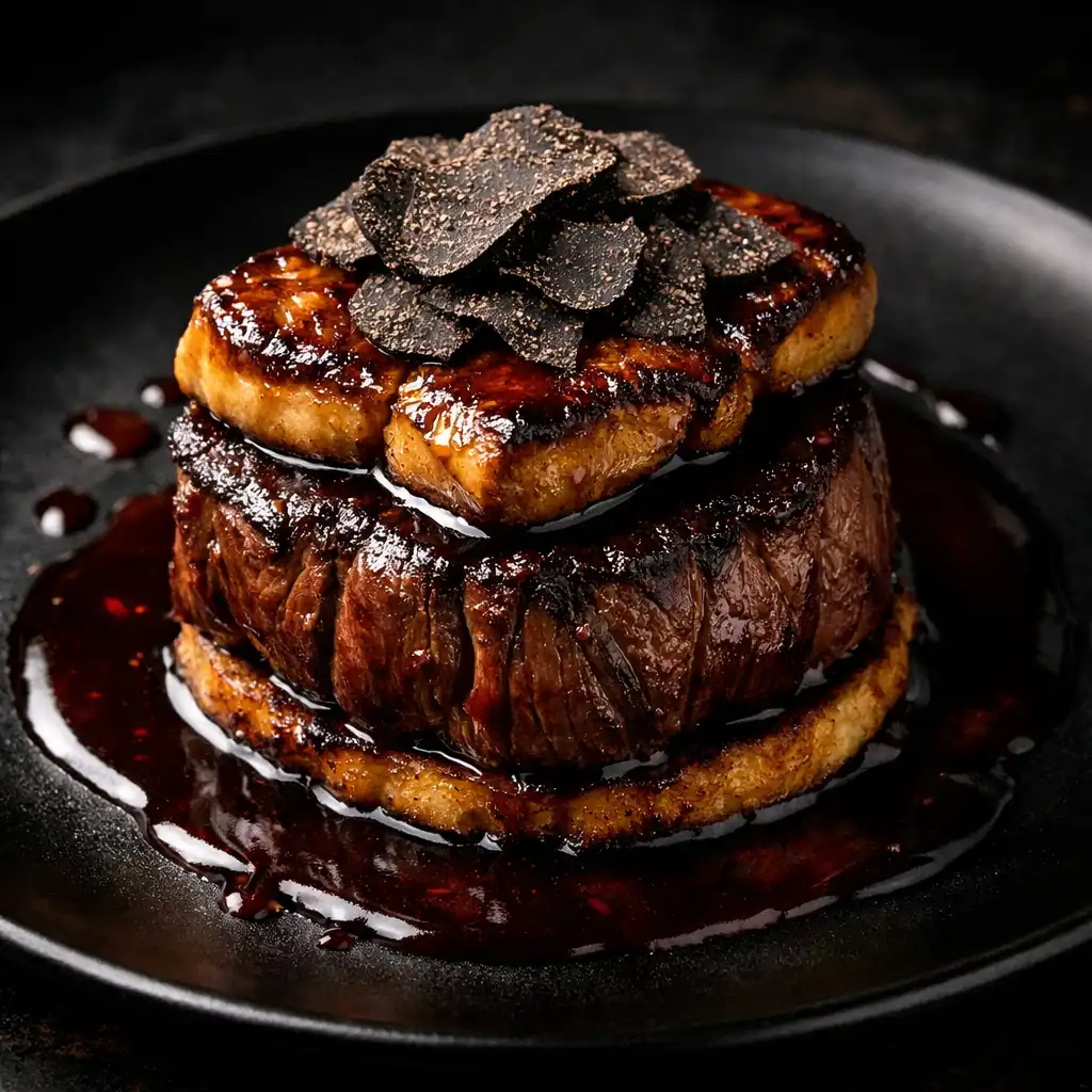 Filet de bœuf Rossini surmonté de foie gras poêlé et de lamelles de truffe noire, sauce au vin rouge