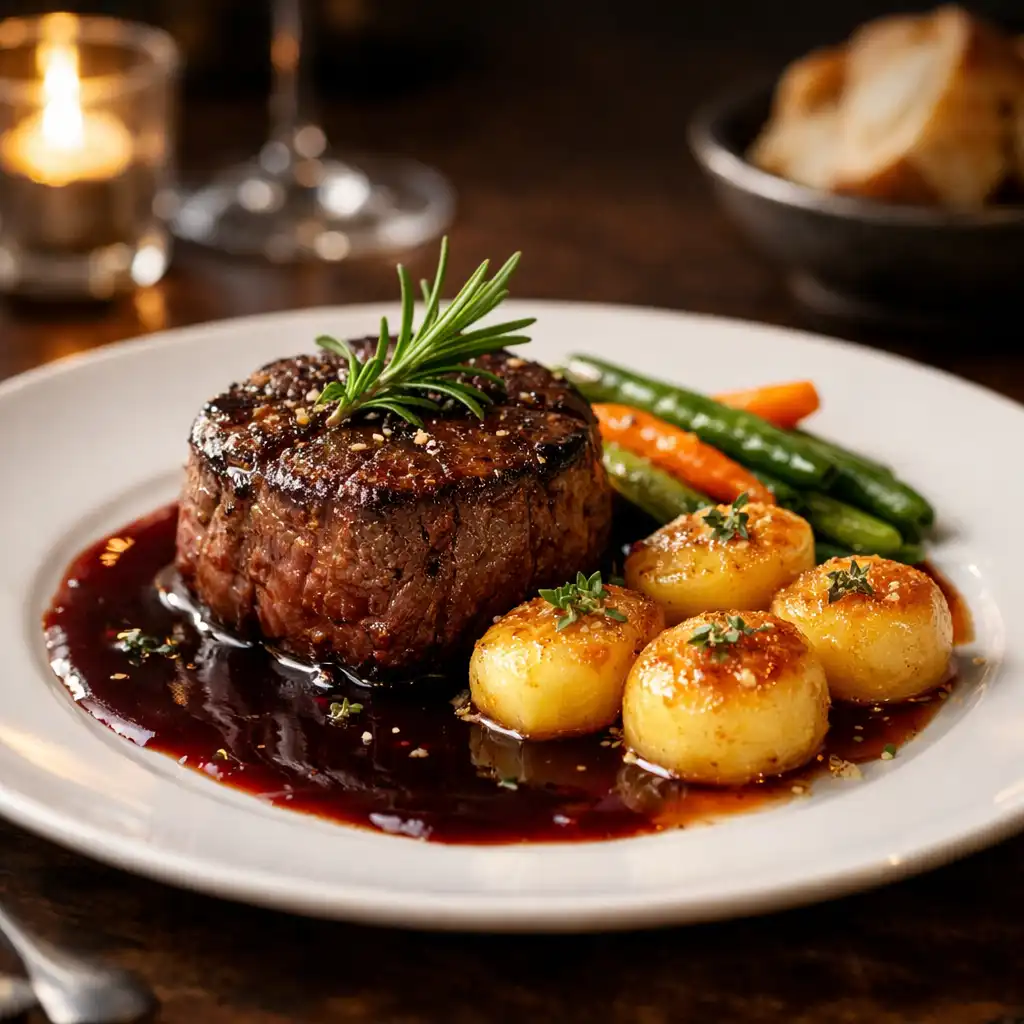 Filet de bœuf avec sauce au vin rouge et pommes fondantes
