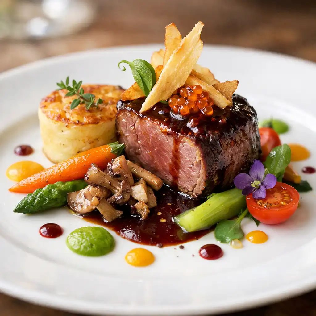 Plat gastronomique français avec présentation artistique