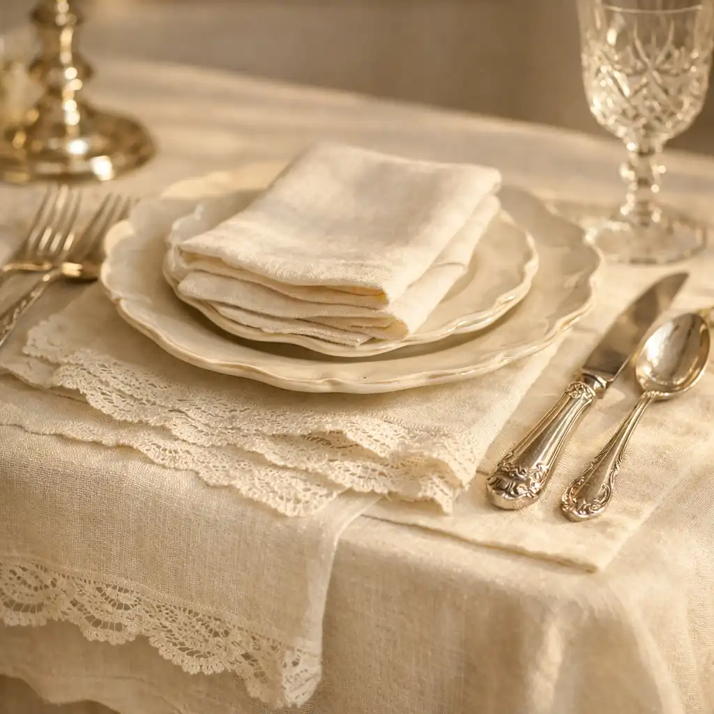 Table dressée avec nappes superposées et couverts en argent