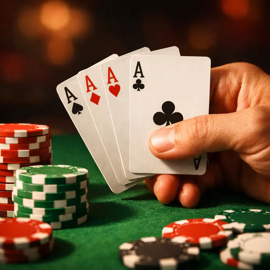 Main de joueur tenant des cartes à jouer avec jetons