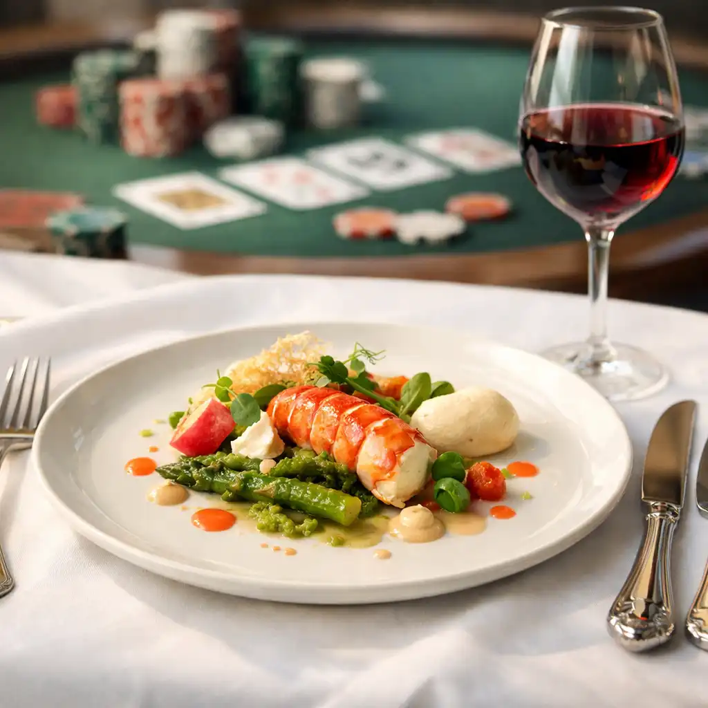 Plat gastronomique raffiné sur une nappe avec une table de poker floue en arrière-plan