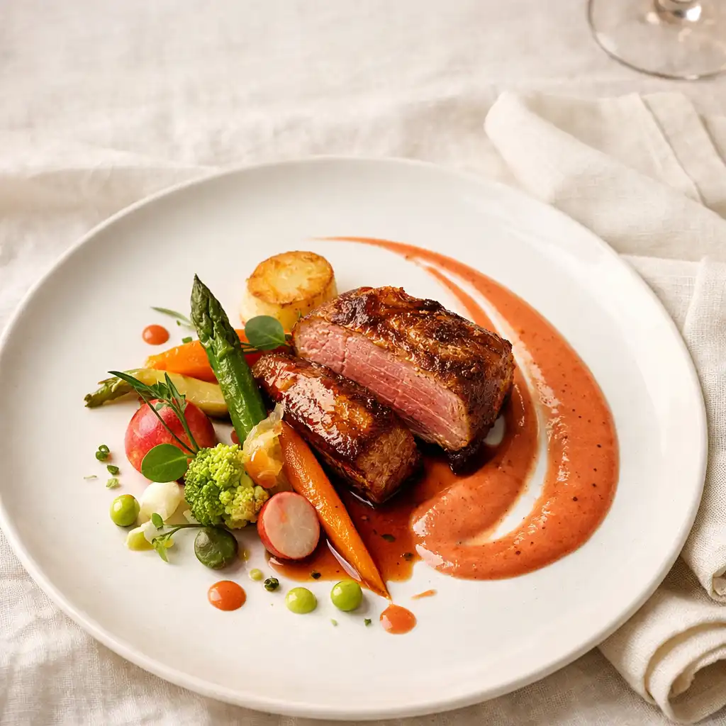 Plat gastronomique français élégamment dressé sur une nappe en lin blanc