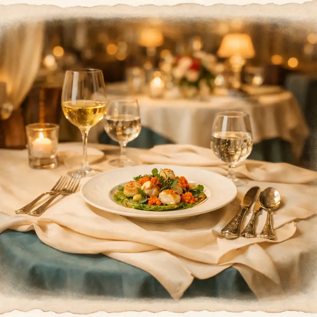 Table gastronomique dressée avec des nappes superposées et un plat raffiné