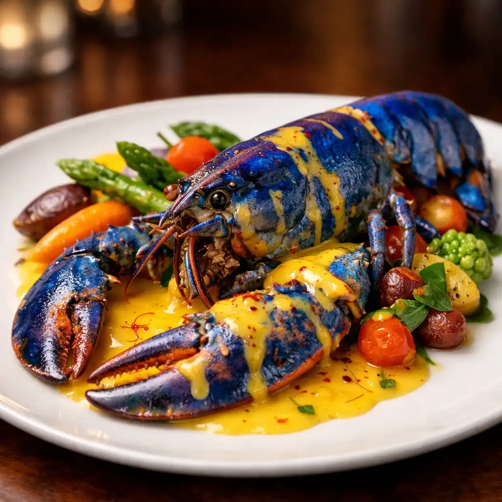 Homard bleu rôti nappé de beurre blanc au safran, accompagné de légumes de saison