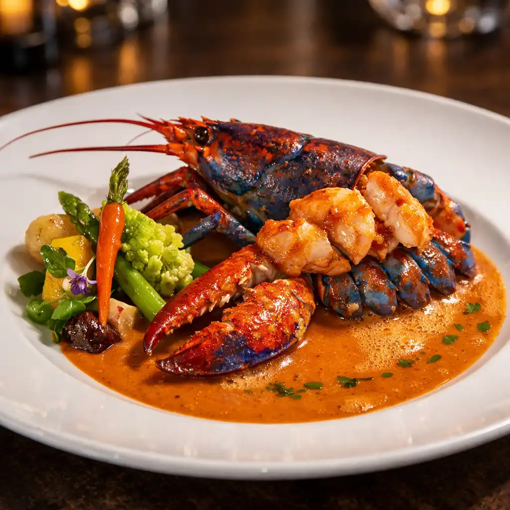 Homard bleu rôti avec bisque et légumes