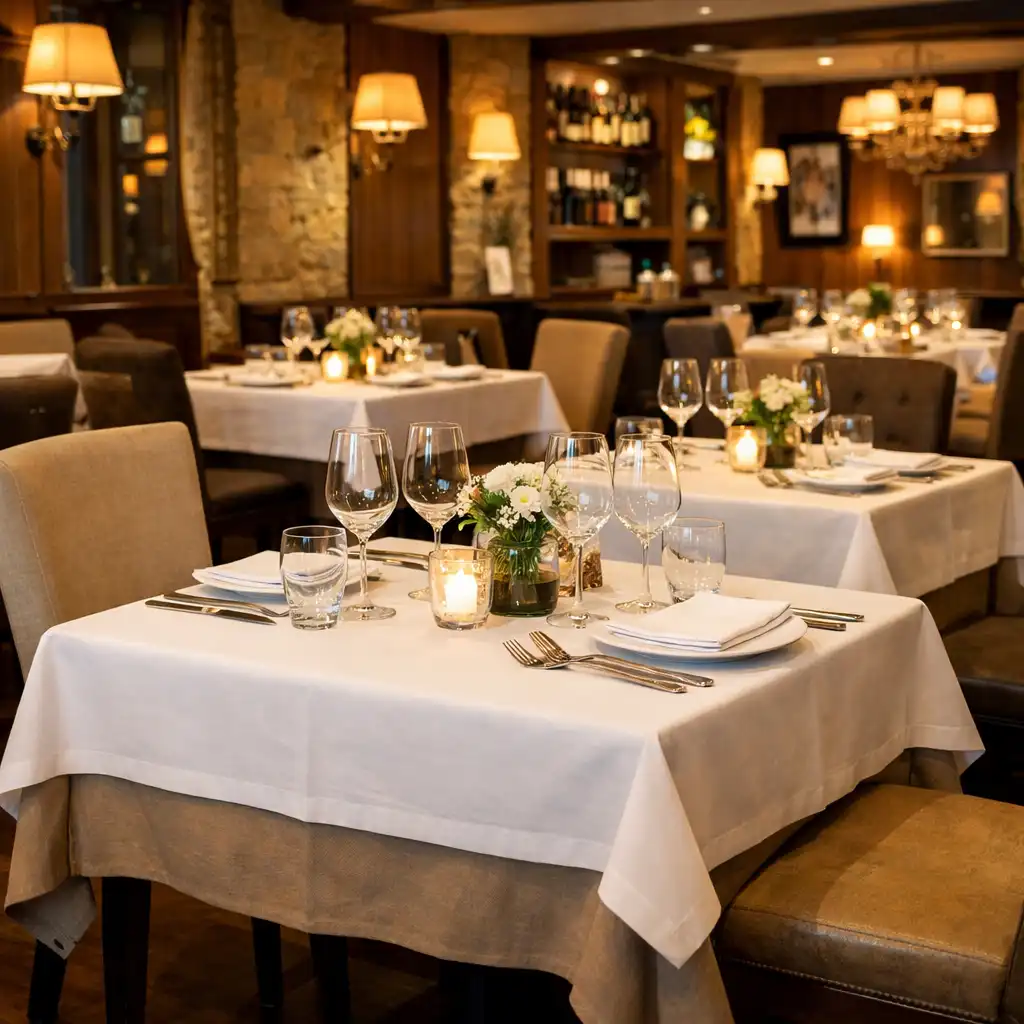 Vue de l'intérieur du restaurant avec tables dressées