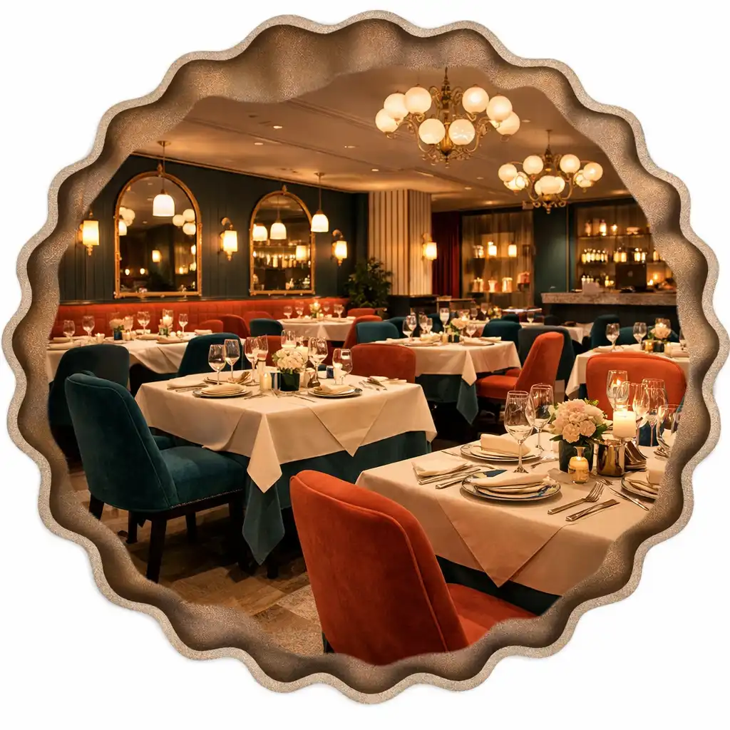 Salle du restaurant avec tables dressées, nappes superposées et éclairage tamisé
