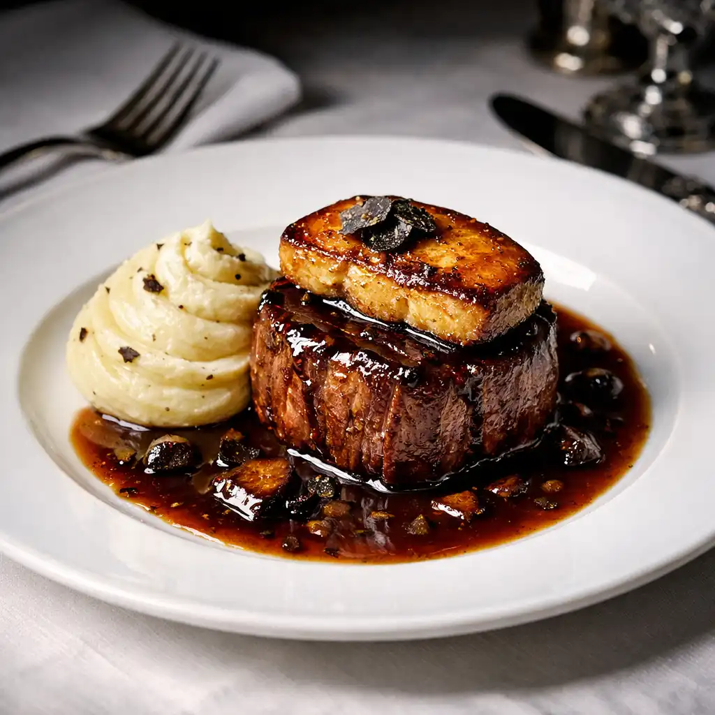 Filet de bœuf Rossini avec sauce périgueux, foie gras et purée truffée