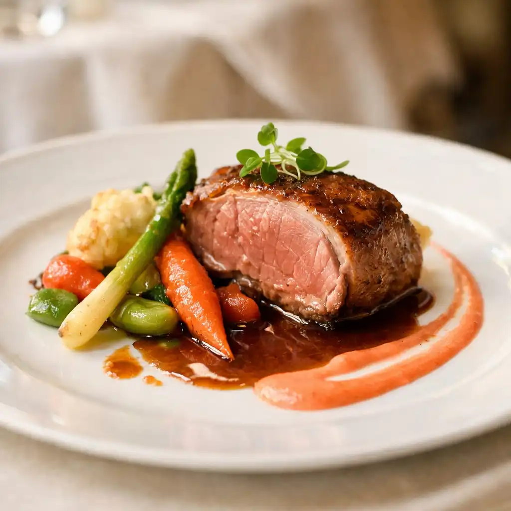 Plat gastronomique français raffiné présenté sur une assiette blanche