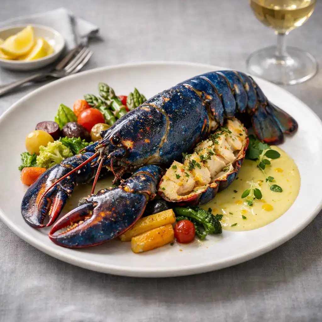 Homard bleu rôti avec beurre blanc au citron et légumes de saison