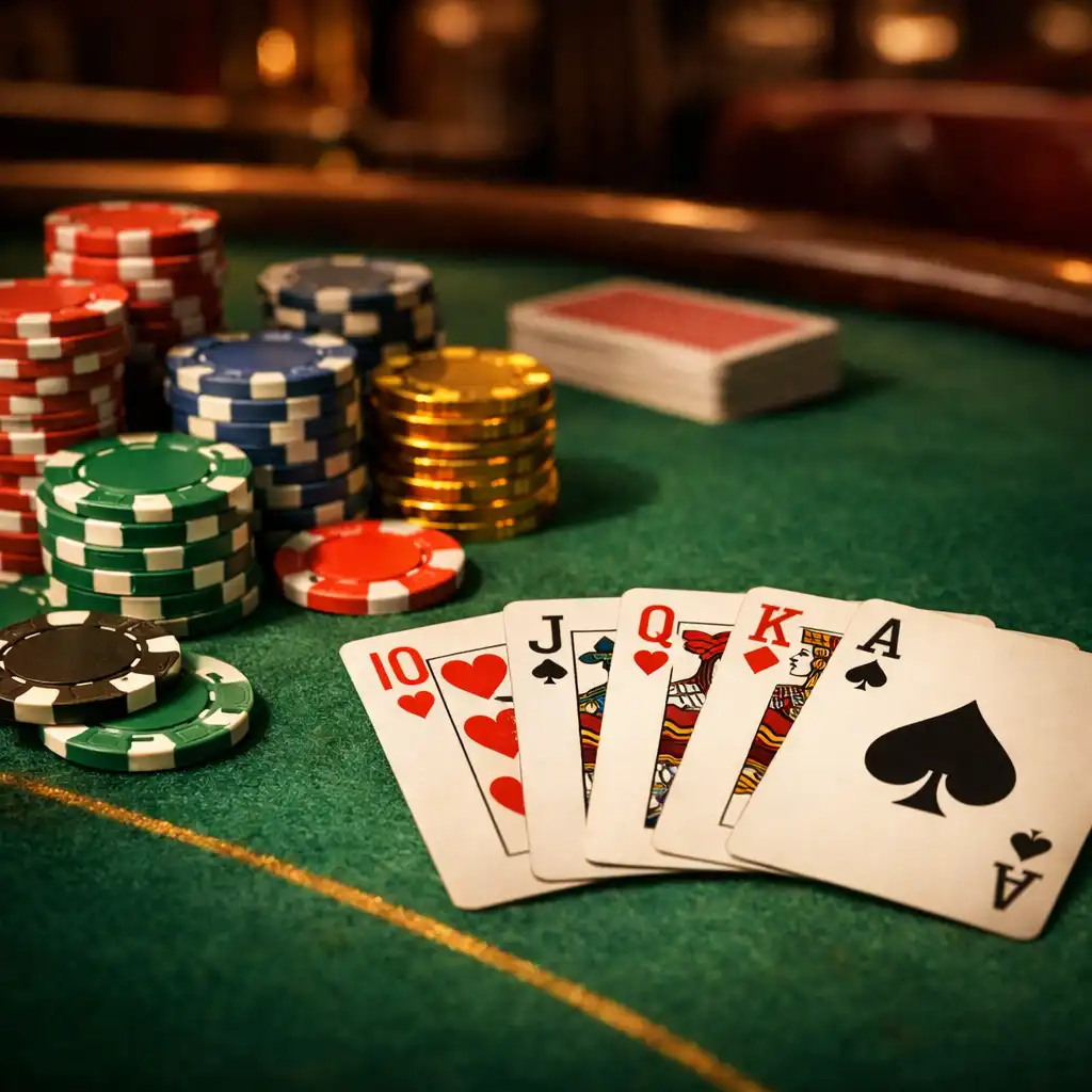 Table de poker avec cartes et jetons dans un casino élégant