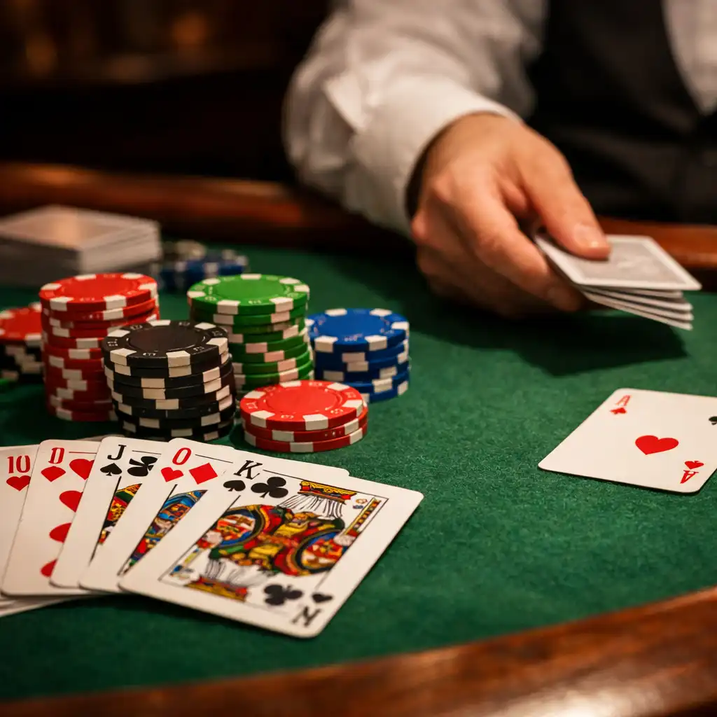 Table de poker physique avec cartes, jetons et mains de joueurs