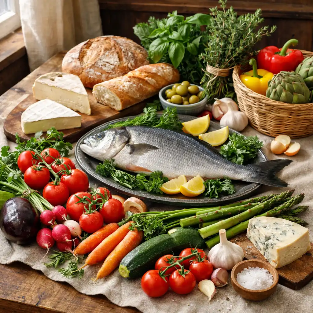Produits frais français : légumes, herbes, poisson, fromage et pain sur une table en bois