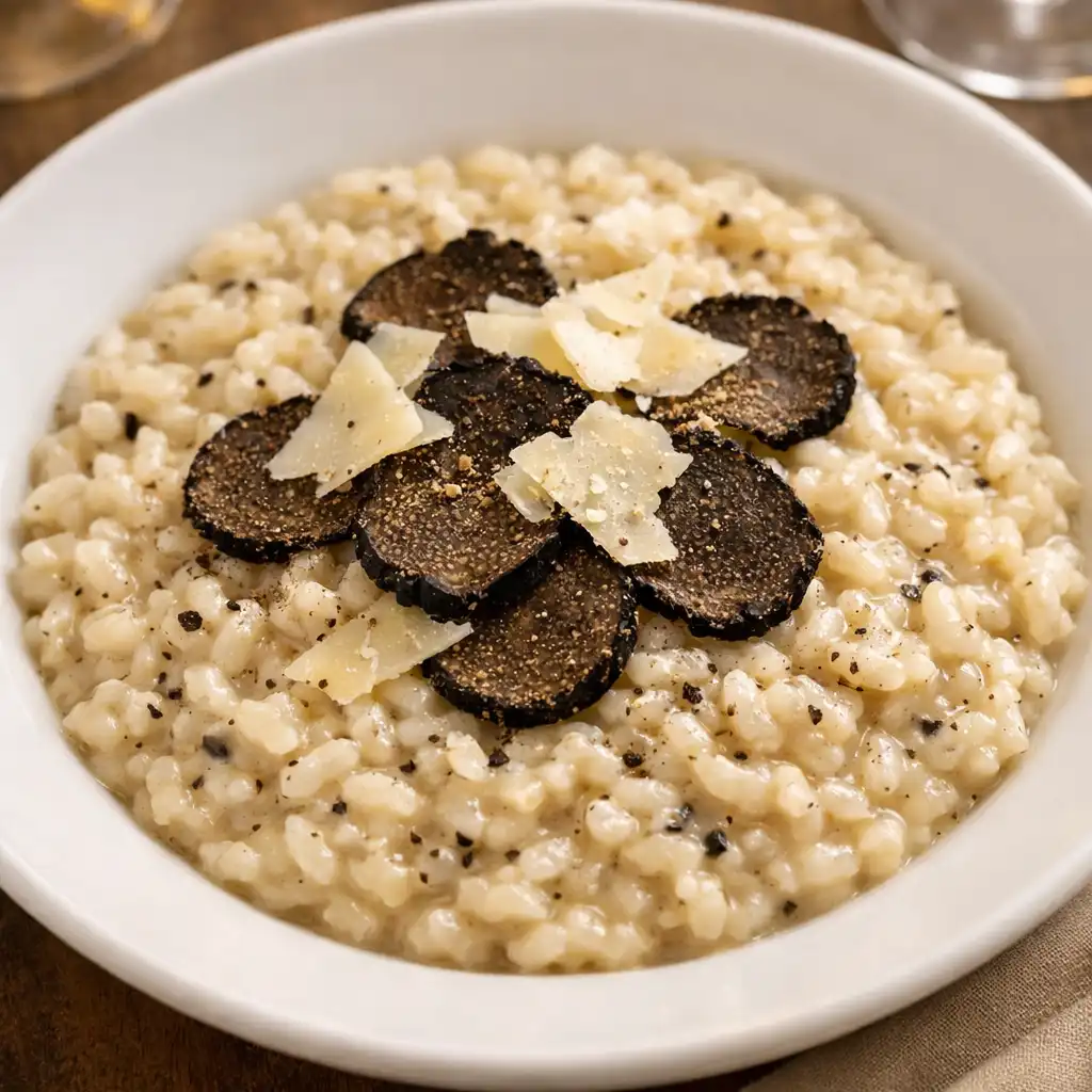 Risotto crémeux aux truffes noires garni de copeaux de parmesan