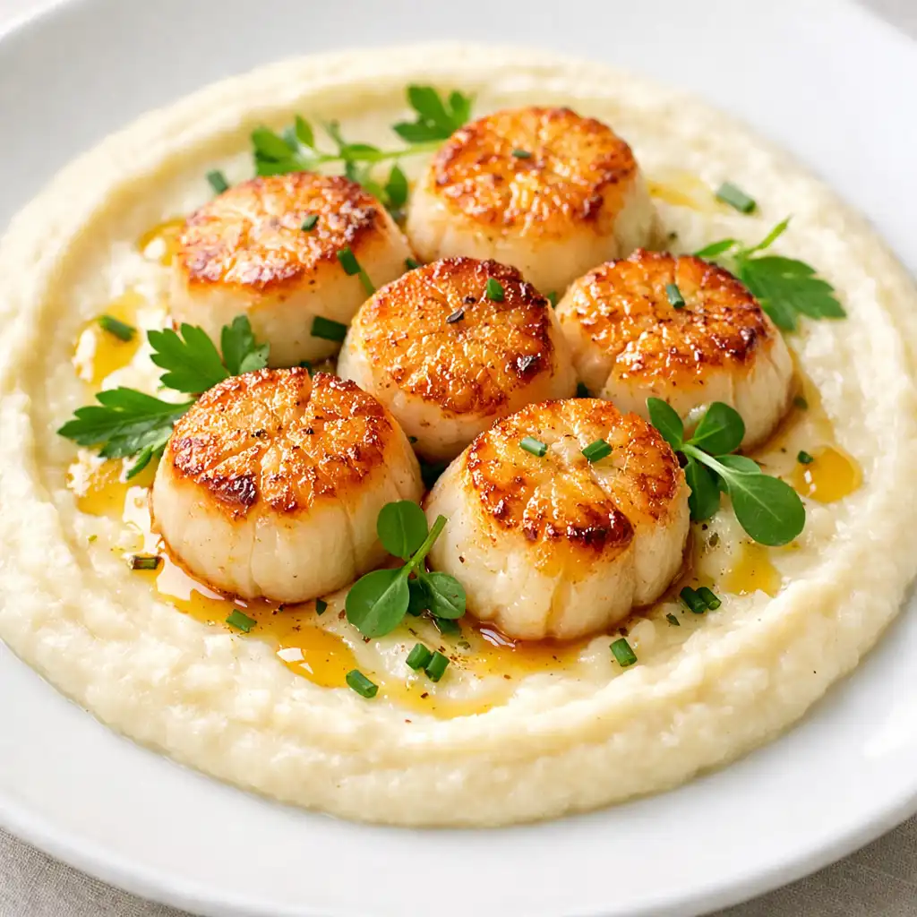 Noix de Saint-Jacques snackées sur purée de panais avec huile de noisette