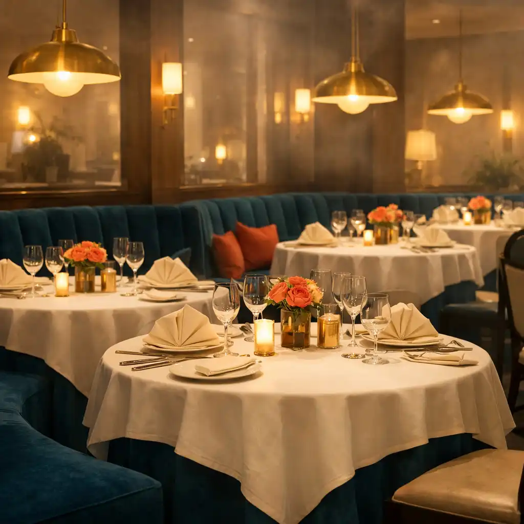 Vue d'ensemble de la salle principale du restaurant Rendez-Vous Gourmand avec tables dressées, nappes superposées et banquettes en velours pétrole.