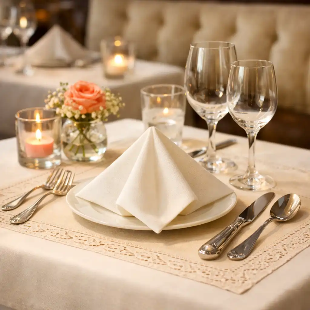 Gros plan sur une table dressée avec nappe blanche, sur-nappe en lin crème et serviette pliée en losange, dans la salle principale.