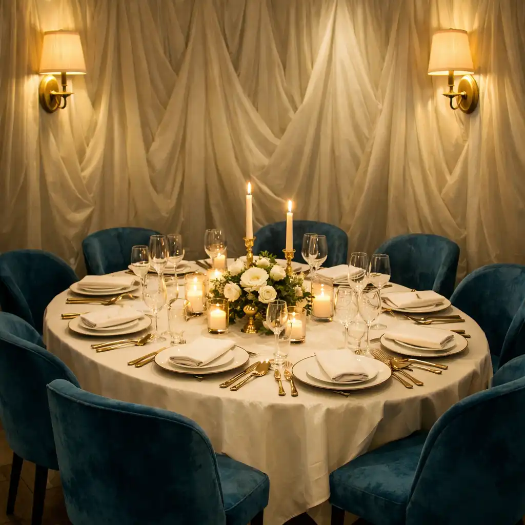 Salon privé avec table ovale dressée pour huit personnes, murs tendus de tissu crème et éclairage tamisé.