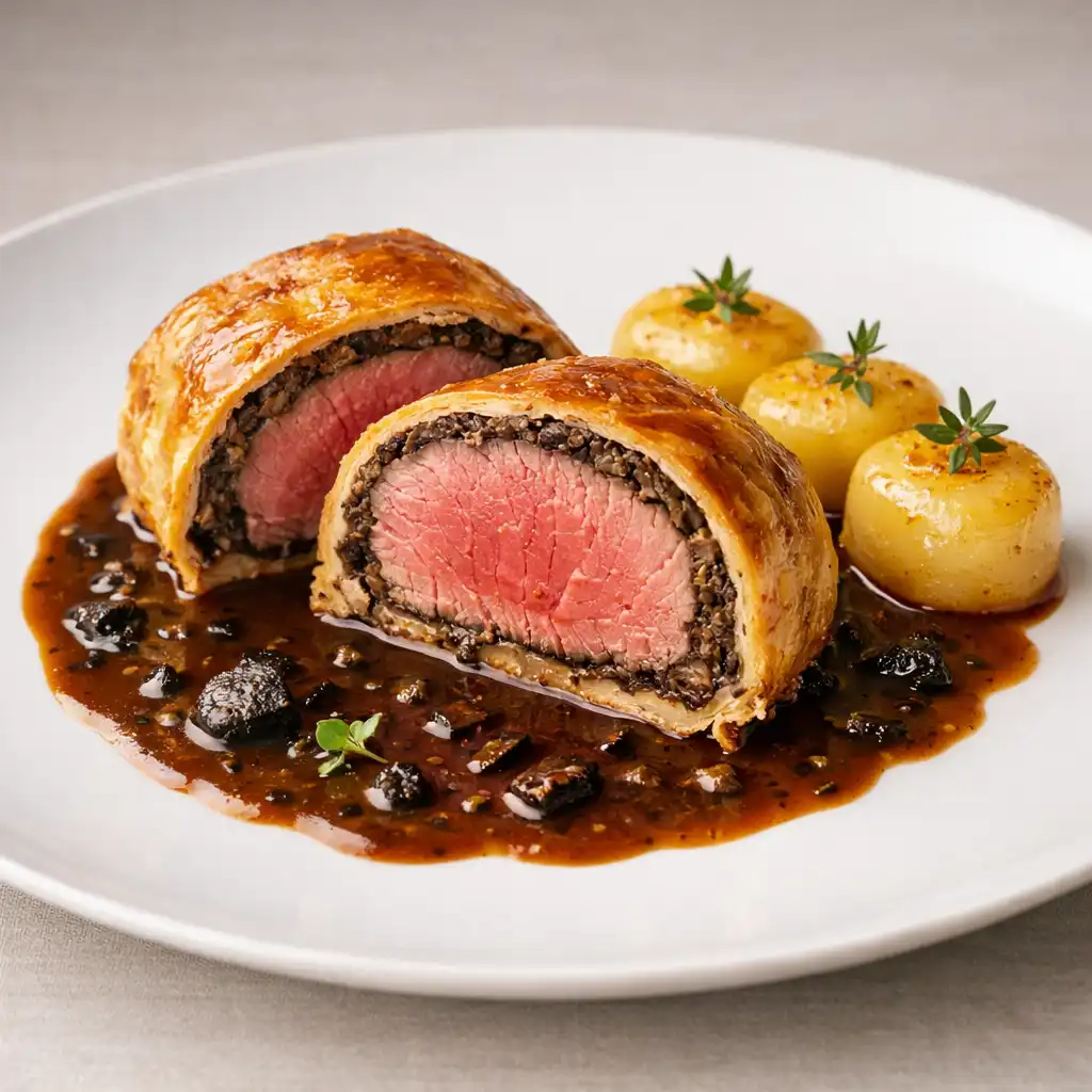 Filet de bœuf en croûte de champignons, sauce périgueux et pommes fondantes