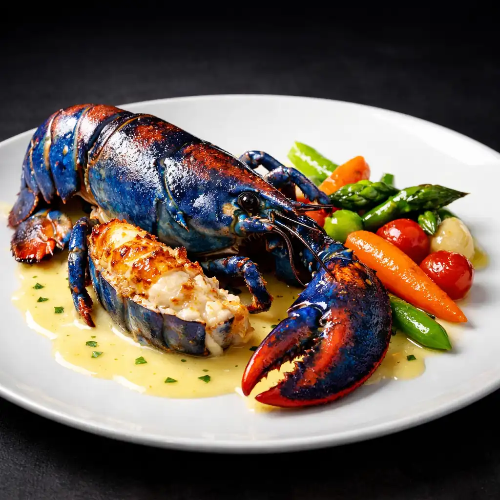 Homard bleu rôti, beurre blanc au champagne et légumes glacés