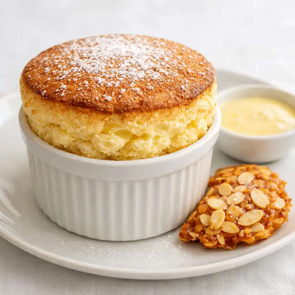 Soufflé au Grand Marnier doré avec croustillant d'amande et crème anglaise