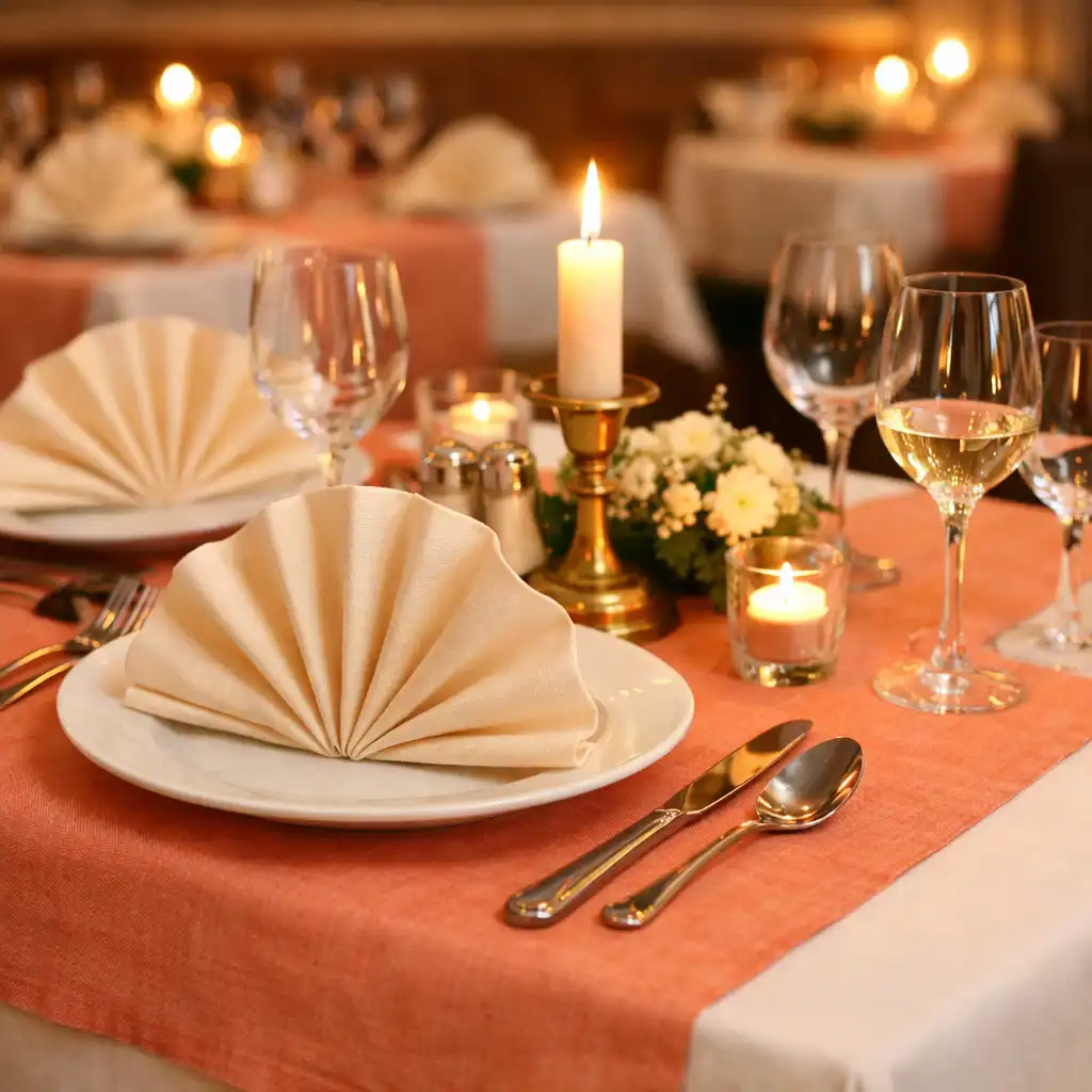 Table dressée pour le dîner avec sur-nappe en lin corail, serviettes pliées en éventail et bougie allumée.