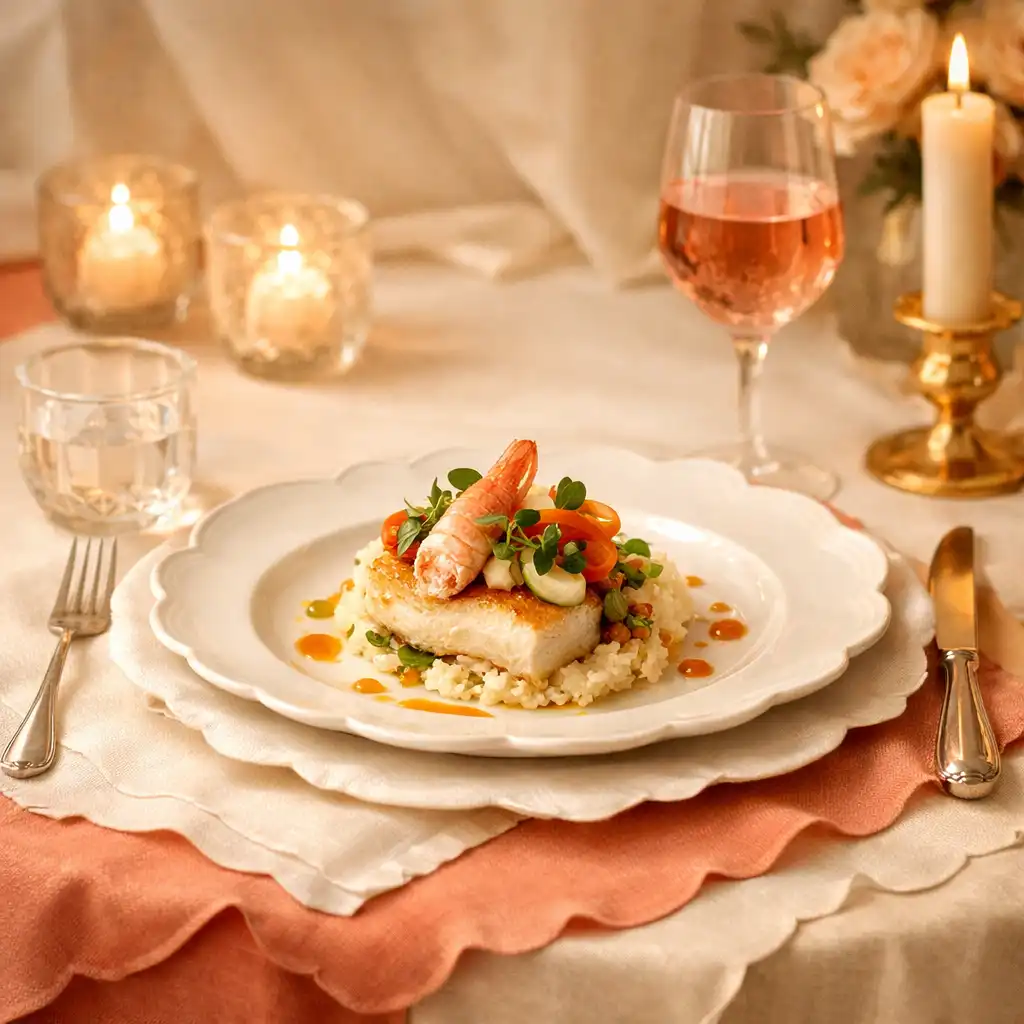 Table dressée avec nappes superposées et un plat gastronomique