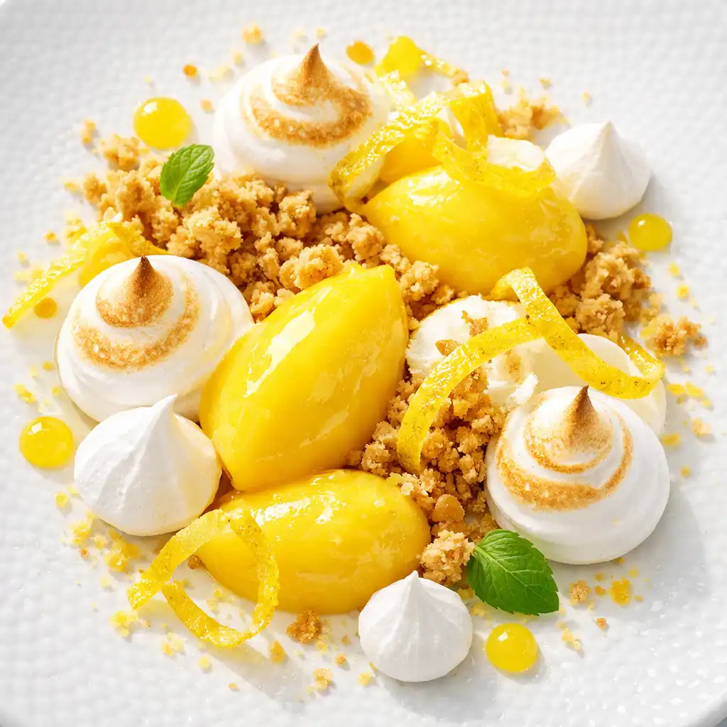 Tarte au citron déstructurée avec meringue italienne et zestes confits